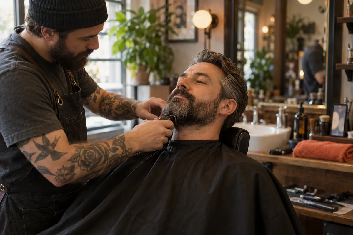Barber trimming a customer's beard in a leather barber chair