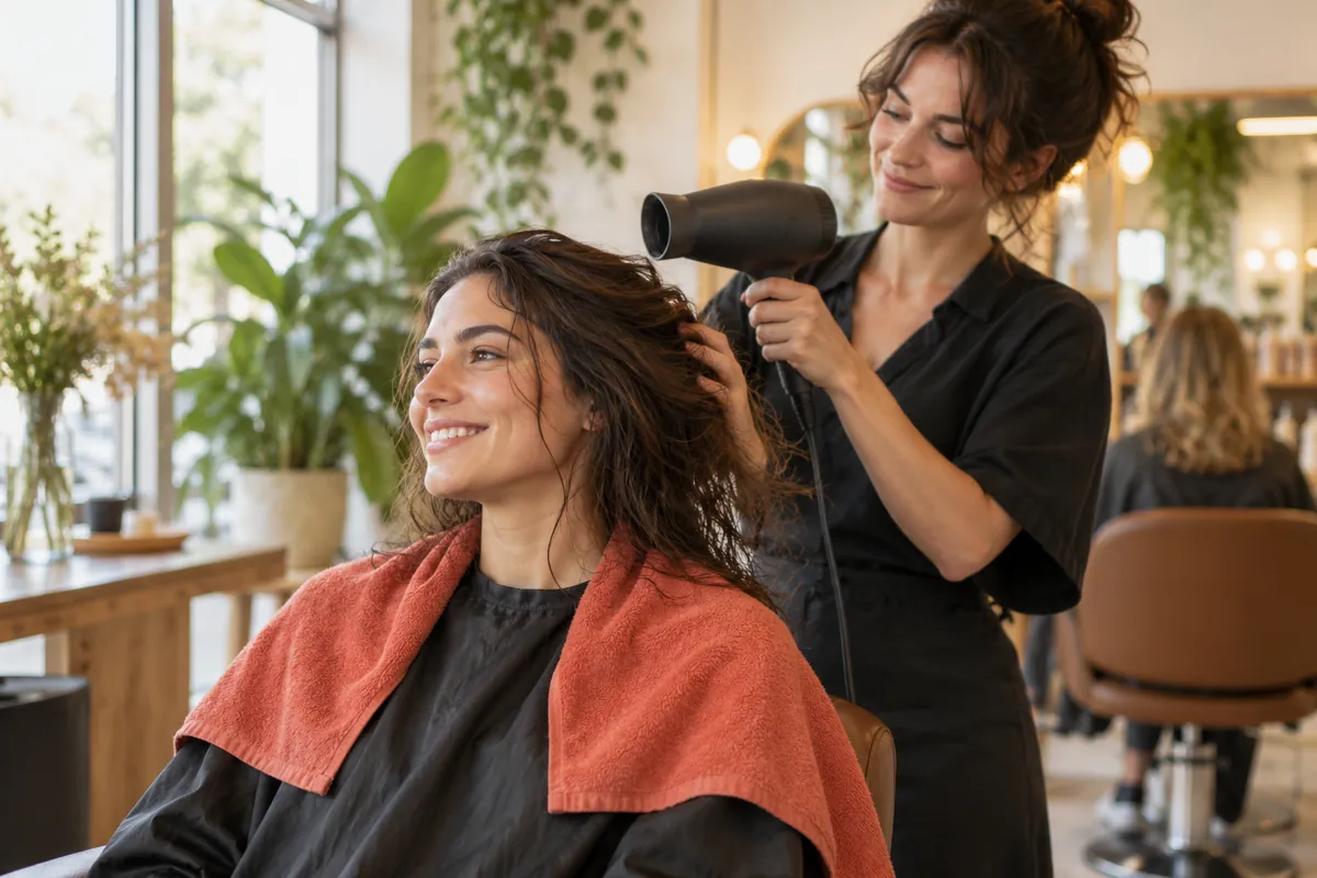 Stylist blow-drying a client's hair in a bright salon