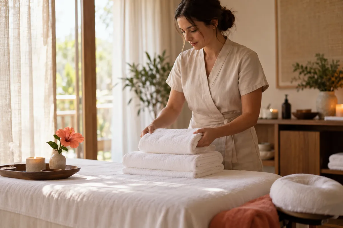Massage therapist folding fresh towels in a calm treatment room