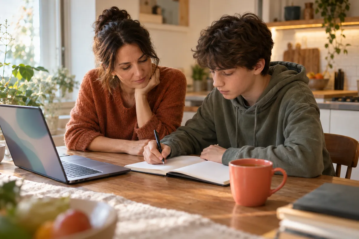 Tutor going through notes with a student at a kitchen table
